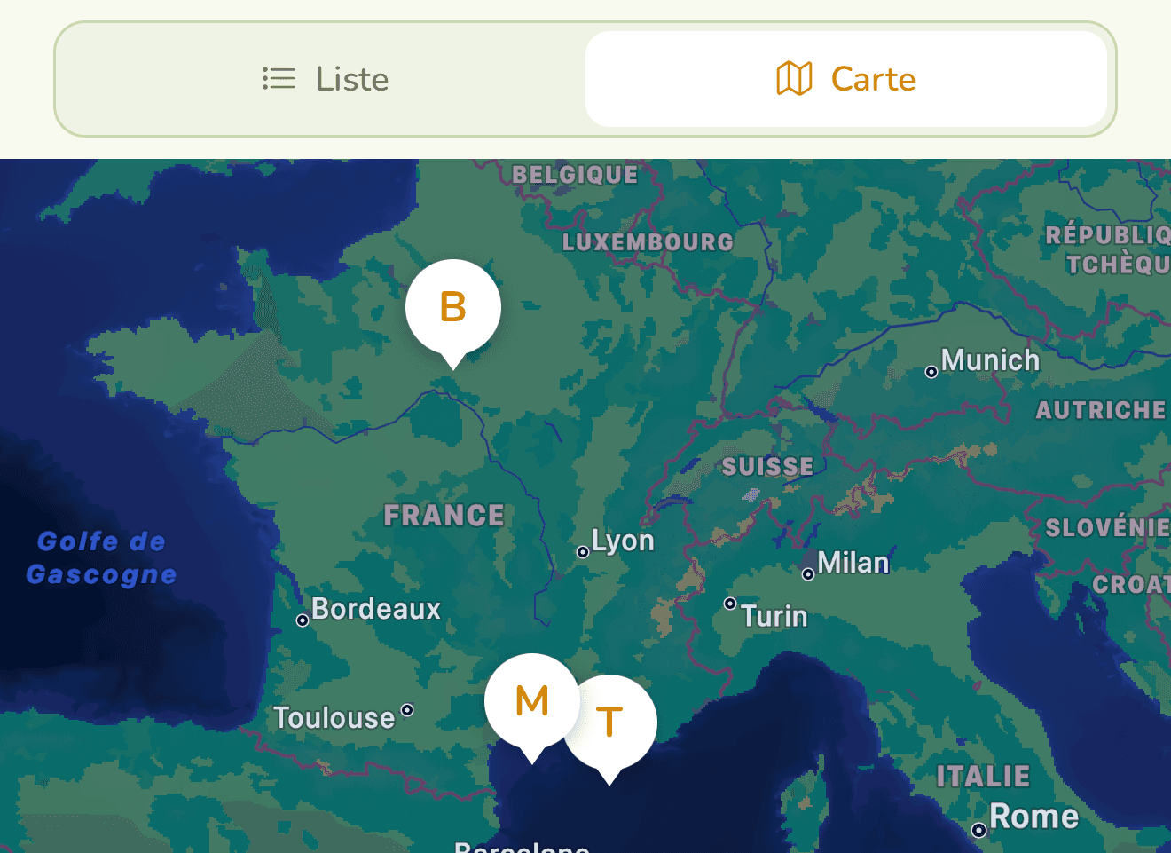 Vue carte de découverte des associations en France